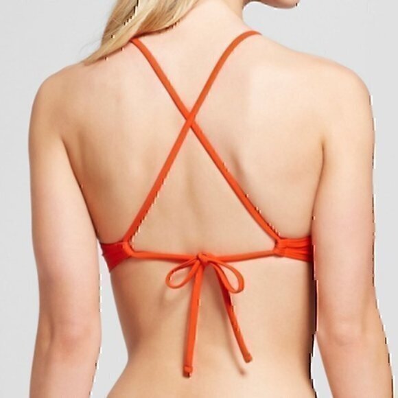 NEW NWT XHILARATION Macrame Strappy High Neck Bikini Top Mustard Gold Floral XS - Picture 4 of 9